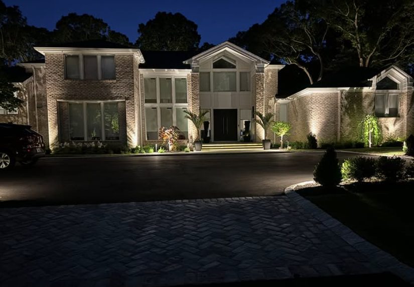 Architectural uplighting on a large Long Island brick home
